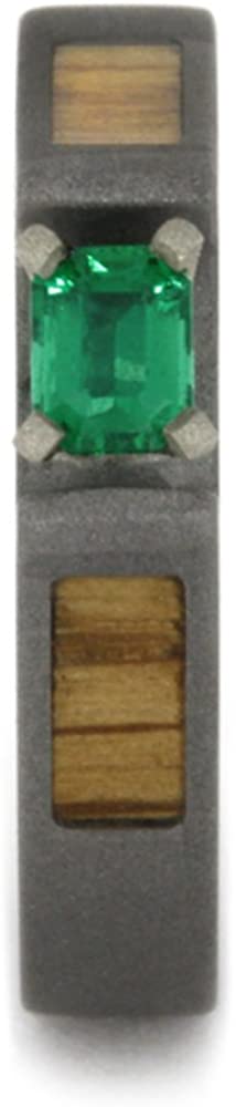 Emerald with Oak Wood Panels 4mm Comfort-Fit Sandblasted Titanium Band, Size 11.5