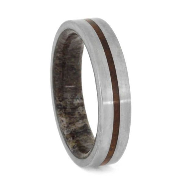 Ironwood Burl, Matte Titanium 5mm Comfort-Fit Deer Antler Sleeve Wedding Band