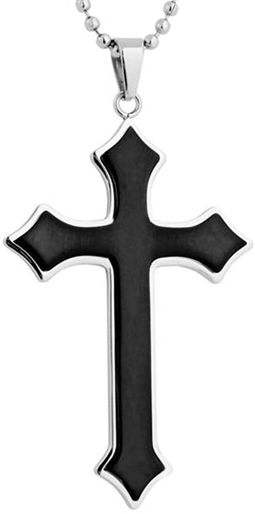 Men's Inlaid, Two-Tone Black Ion Plated Cross Pendant Necklace, Stainless Steel, 24"
