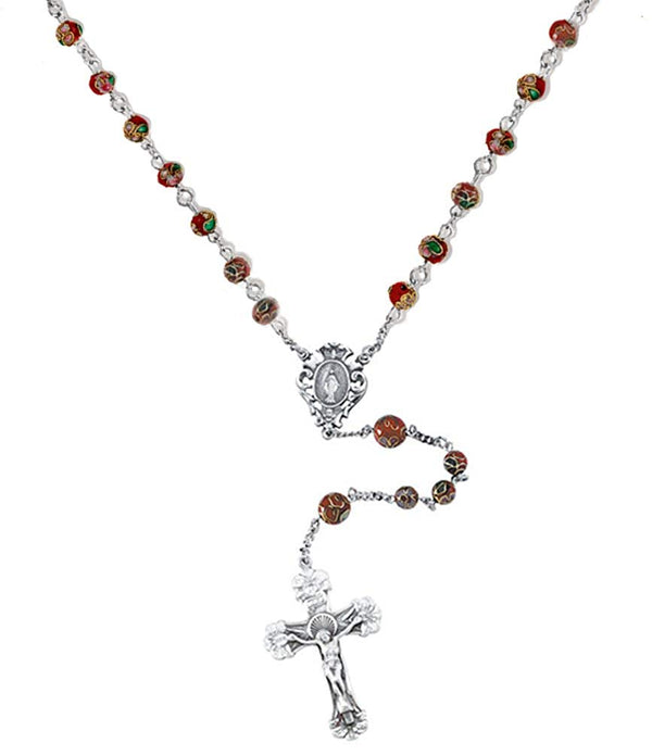 Red Cloisonne Rosary Beads, Sterling Silver