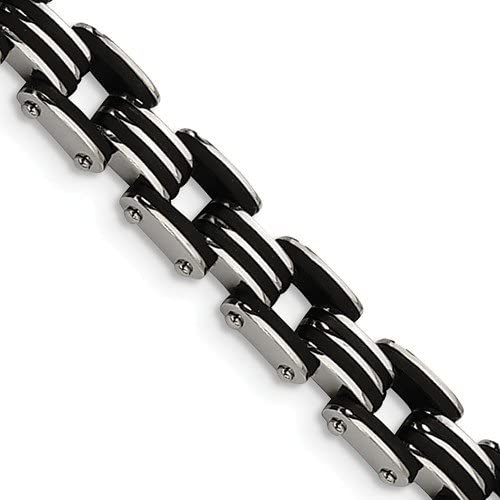 Men's Stainless Steel 10mm Black Rubber Bracelet, 8.5 Inches