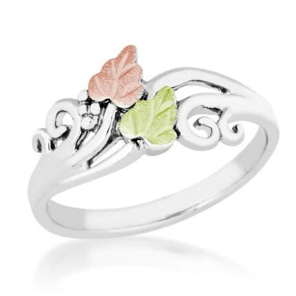 Leaf and Scrolling Vine Ring, Sterling Silver, 12k Green and Rose Gold Black Hills Gold Motif