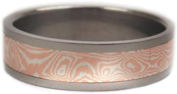 Copper Silver Mokume Inlay 6mm Comfort Fit Titanium Wedding Band, Size 8.75