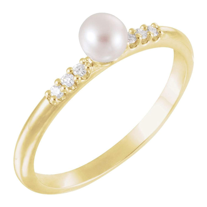 White Cultured Pearl, Diamond Stackable Ring, 14k Yellow Gold (4-4.5mm)(.05Ctw, Color G-H, Clarity I1)