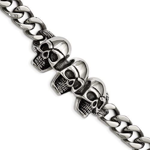 Men's Stainless Steel Antiqued Skull Bracelet, 8.5 Inches