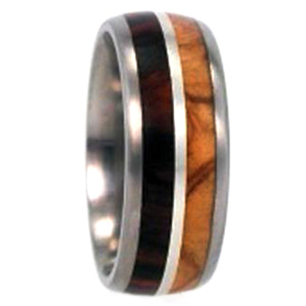 Ironwood, Olive Wood, Sterling Silver Pinstripe 8mm Comfort-Fit Titanium Wedding Band, Size 10