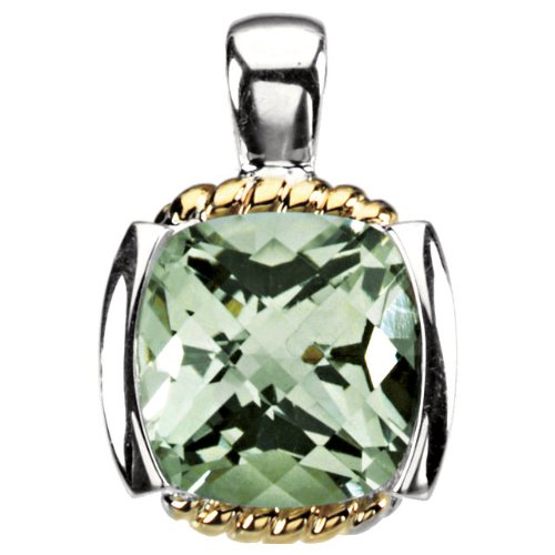 Sterling Silver and 14k Yellow Gold Checkerboard Green Quartz Pendant