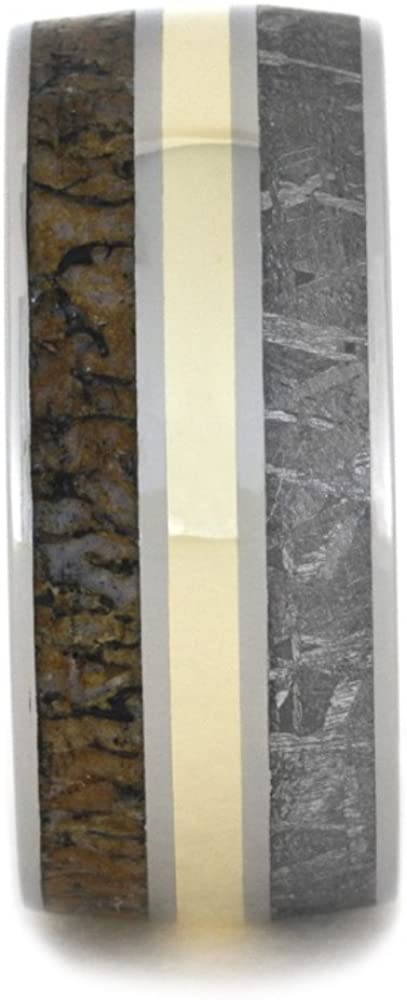 Gibeon Meteorite, Dinosaur Bone, 14k Yellow Gold 11mm Comfort Fit Titanium Wedding Band, Size 14.5