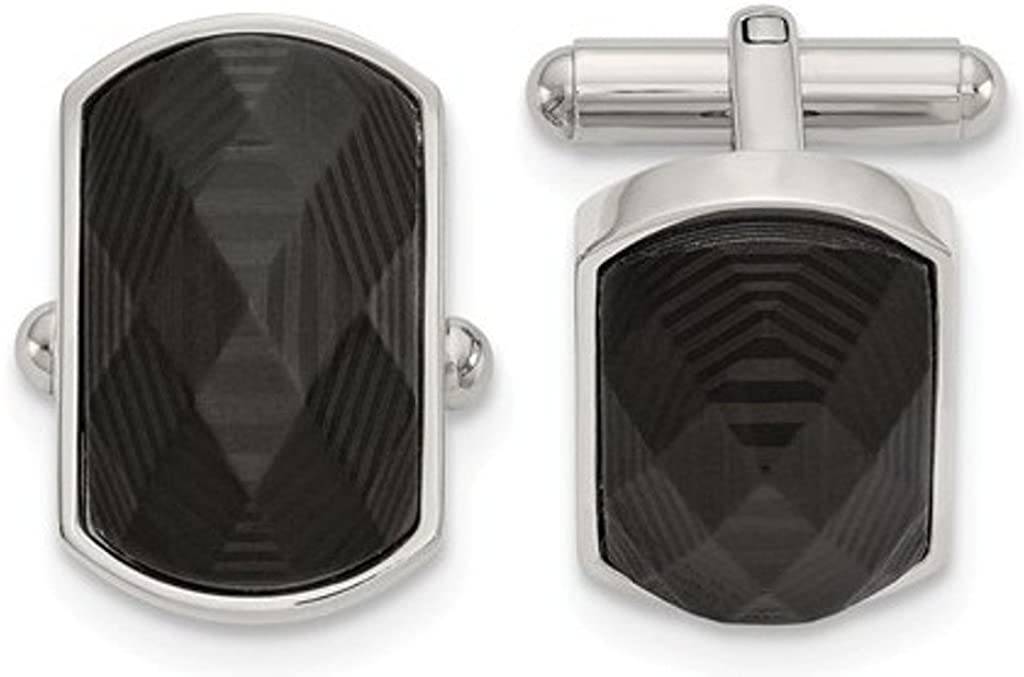 Stainless Steel Solid Black Carbon Fiber Inlay Semi-Rectangle Cuff Links, 13.7MM