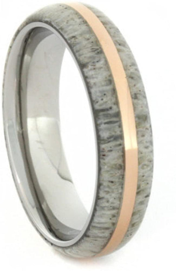 Deer Antler with 14k Rose Gold Pinstripe 5mm Comfort-Fit Titanium Wedding Band, Size 4.75