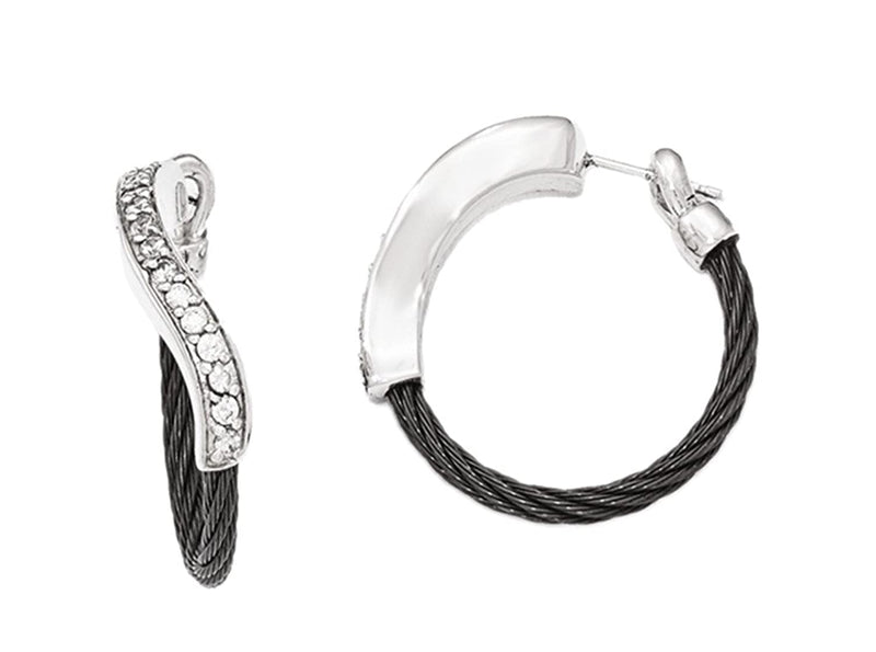 Tango Collection Black Ti Memory Cable, Argentium Silver, White Sapphire Hoop Earrings
