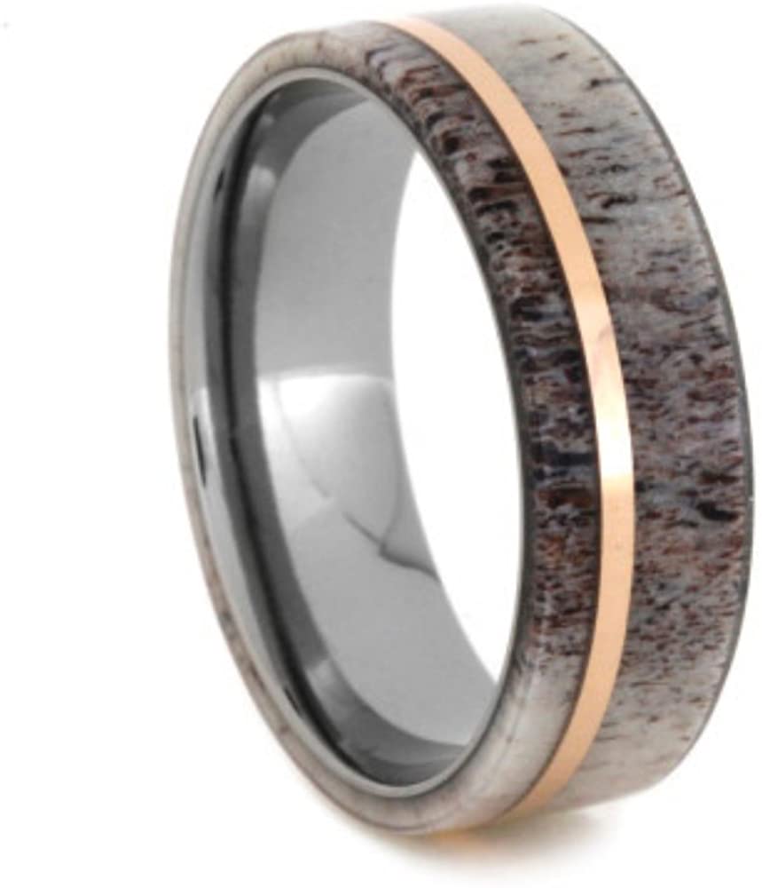 Deer Antler, 14k Rose Gold Pinstripe 5mm Comfort-Fit Titanium Wedding Band, Size 8