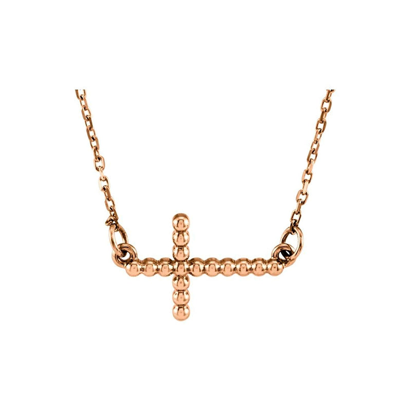 Sideways Beaded Cross 14k Rose Gold Pendant Necklace, 16.5" (12.05X19.50 MM)