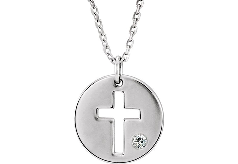 Diamond Pierced Cross Disc Pendant Necklace in Rhodium-Plated 14k White Gold (.03 Ctw, Color G-H, Clarity I1)