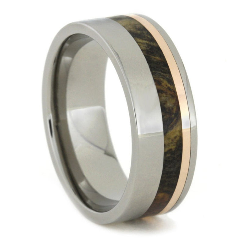 Buckeye Burl Wood and 14k Rose Gold 8mm Comfort-Fit Titanium Ring