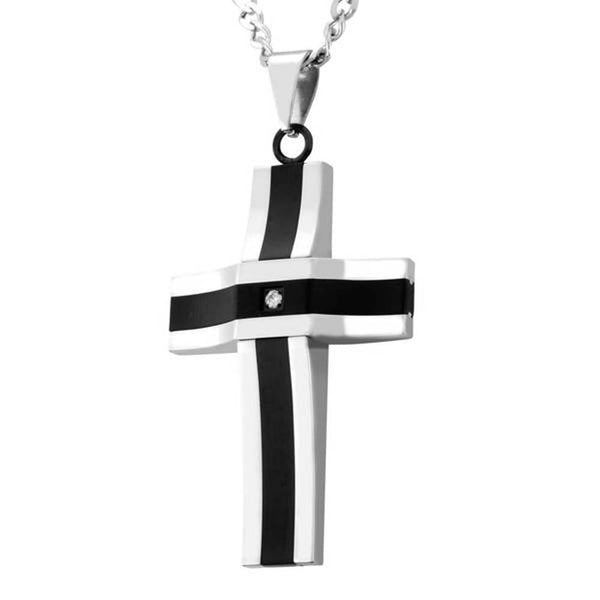 Men's Diamond with Black Ion Plated Cross Pendant Necklace, Stainless Steel, 24"
