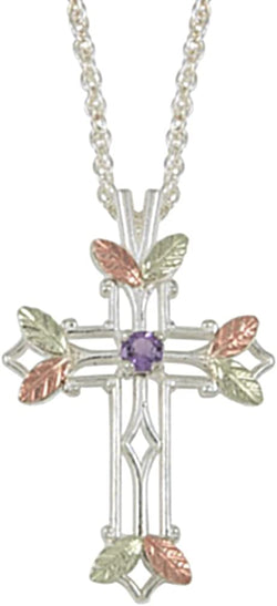 Amethyst Pointed Cross Pendant Necklace, Sterling Silver, 12k Green and Rose Gold Black Hills Gold Motif, 18"