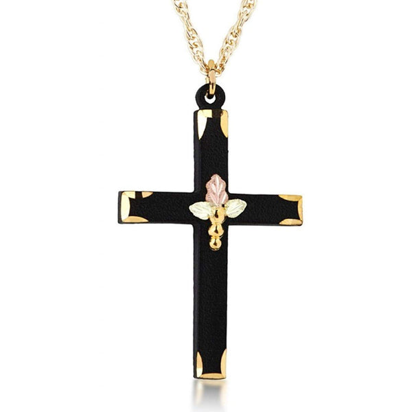 Ave 369 Black Powder Coated Cross Pendant Necklace, 10k Yellow Gold, 12k Green and Rose Gold Black Hills Gold Motif, 18"