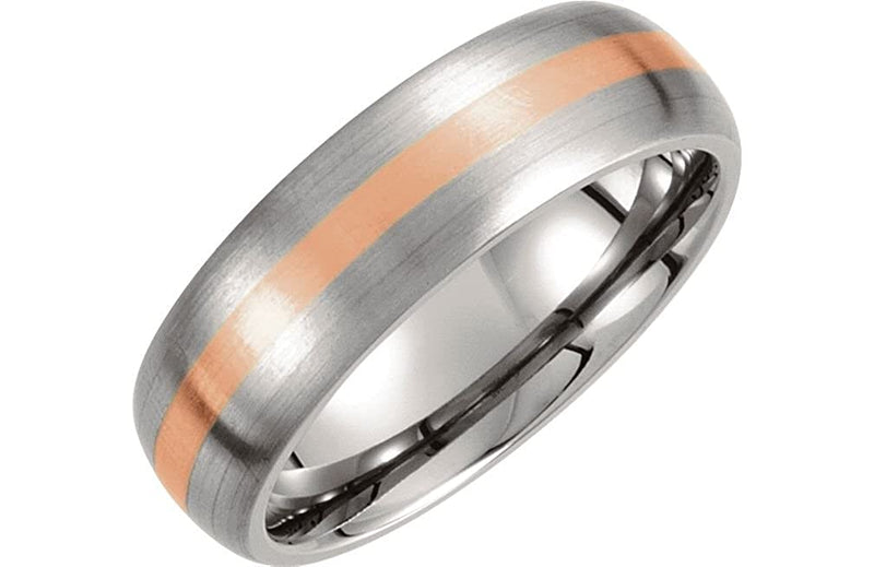 Titanium and 14k Rose Gold 7mmSatin Finished Dome Comfort Fit Band, Size 10
