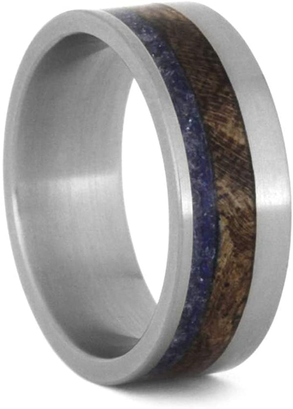 Mesquite Burl, Crushed Blue Sea Glass 7mm Matte Titanium Comfort-Fit Wedding Band, Size 6.25