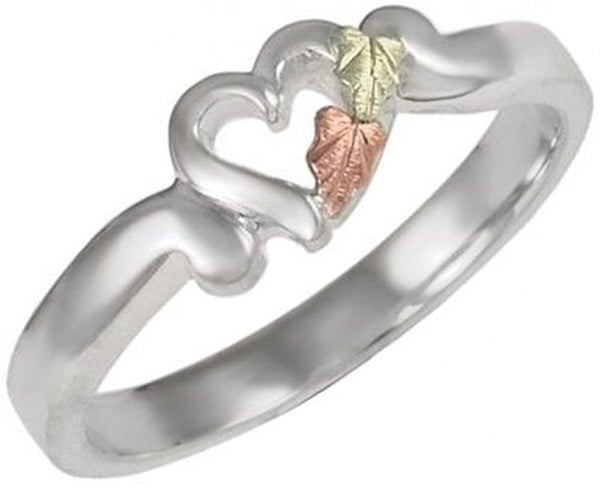 Petite Heart Bypass Ring, Sterling Silver, 12k Green and Rose Gold Black Hills Gold Motif, Size 4.5