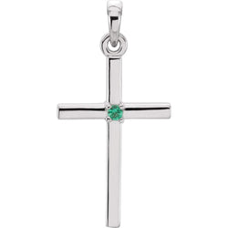 Emerald Inset Cross Rhodium-Plated 14k White Gold Pendant (22.65x11.4MM)