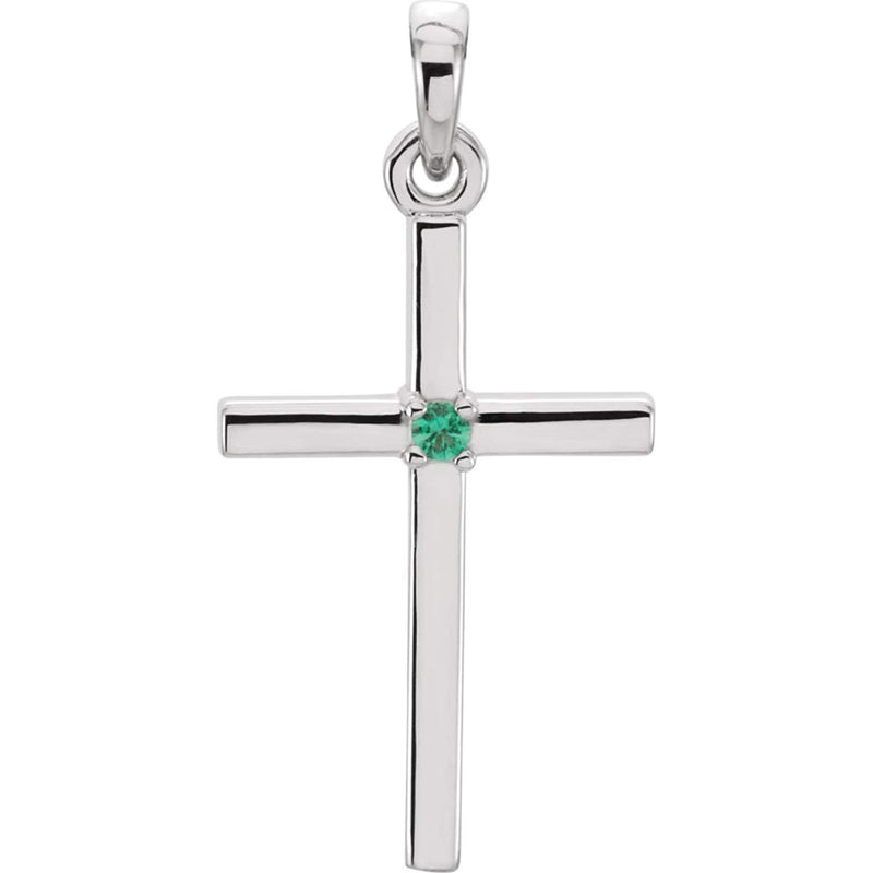 Emerald Inset Cross Rhodium-Plated 14k White Gold Pendant (22.65x11.4MM)