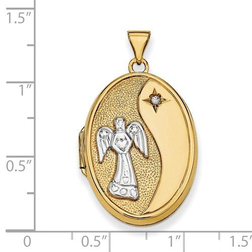 14k Yellow Gold Diamond Guardian Angel Oval Locket (.01 Ct, GHI Color, I3 Clarity)