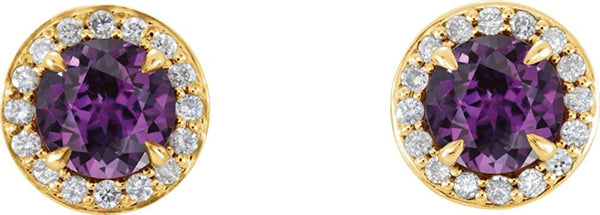 Chatham Created Alexandrite and Diamond Halo-Style Earrings, 14k Yellow Gold (4.5 MM) (.16 Ctw, G-H Color, I1 Clarity)