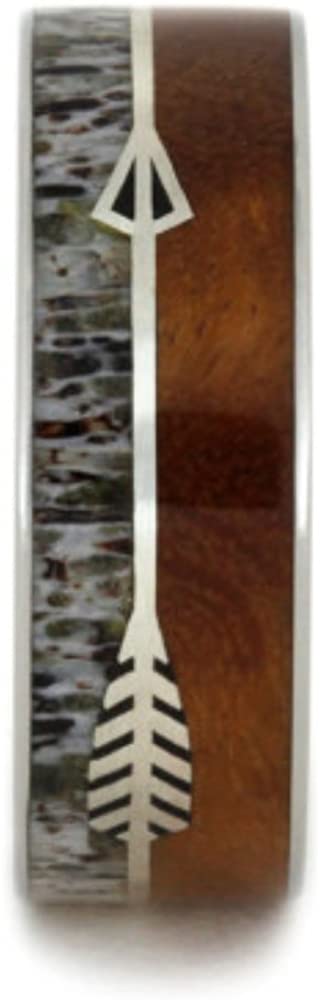 Native American Arrow, Ironwood Burl and Antler 8mm Comfort-Fit Titanium Band, Size 13.5