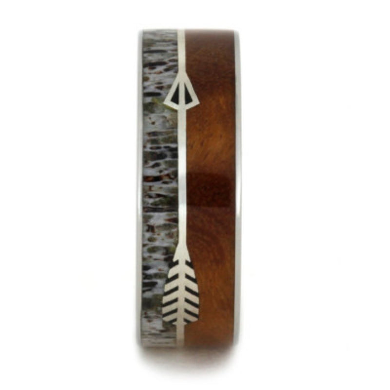 Native American Arrow, Ironwood Burl and Antler 8mm Comfort-Fit Titanium Band