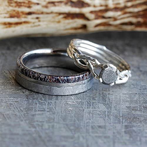 Gibeon Meteorite Sterling Silver Ring, Meteorite and Antler Comfort-Fit Titanium Band, Couples Wedding Rings Sizes M8-F7