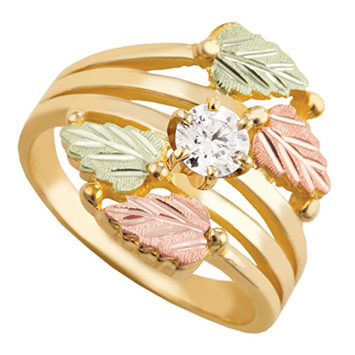 Ave 369 Bypass Leaves Ring with CZ, 10k Yellow Gold, 12k Green and Rose Gold Black Hills Gold Motif