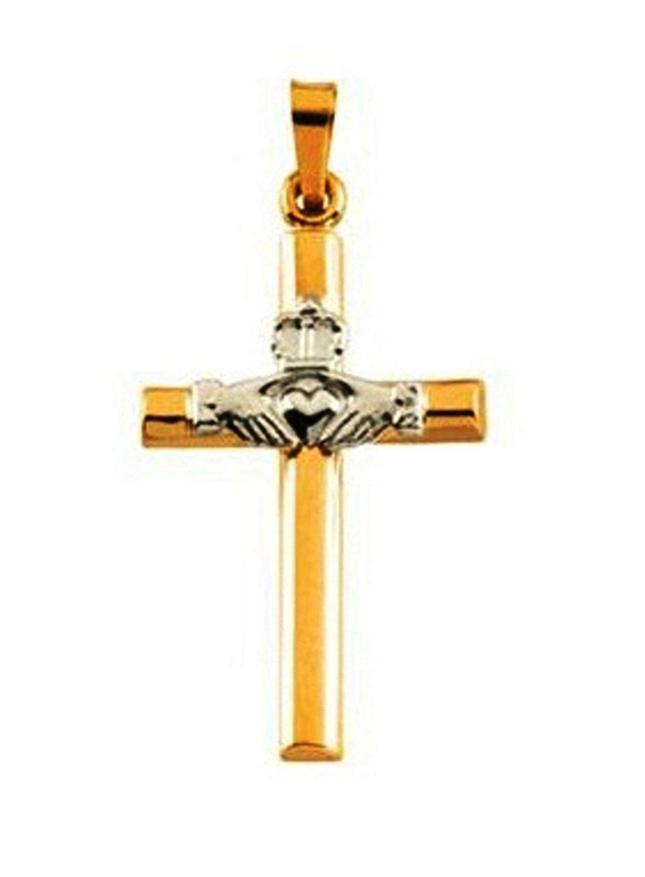 Two-Tone Hollow Claddagh Cross 14k Yellow and White Pendant (25x16 MM)