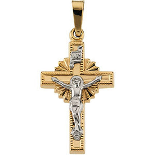 Two-Tone Sunburst Crucifix 14k Yellow and White Gold Pendant(19X13MM)