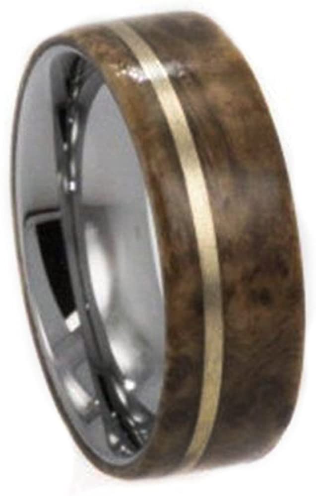 Buckeye Burl Wood, 14k Yellow Gold Pinstripe 8mm Comfort-Fit Titanium Band, Size 12.5