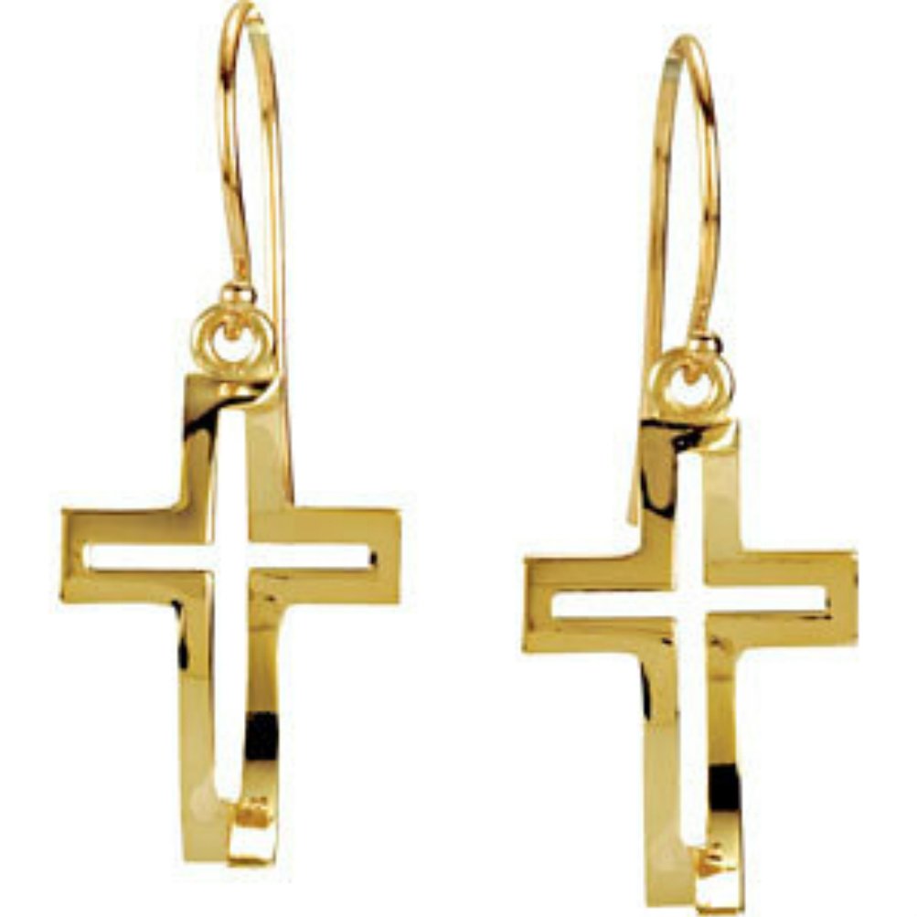 14k Yellow Gold Cross Fish Earrings