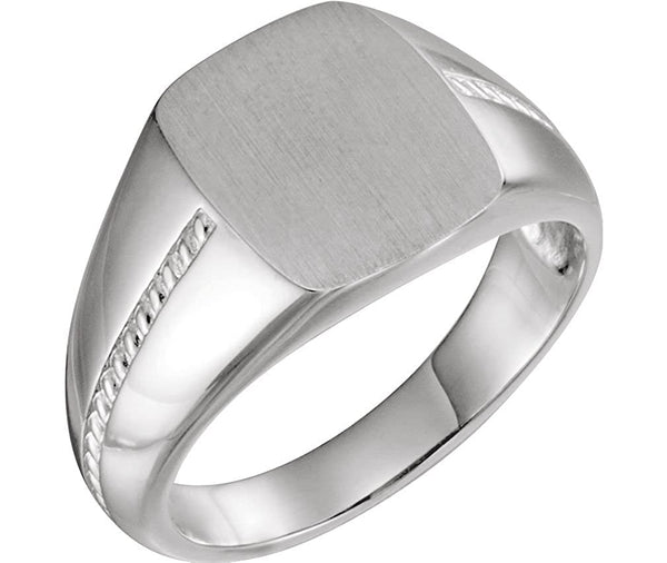 Men's Platinum Signet Rope Trim Design Ring, Size 10.5