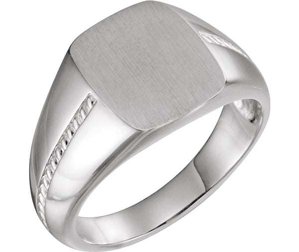 Men's Platinum Signet Rope Trim Design Ring, Size 12.5