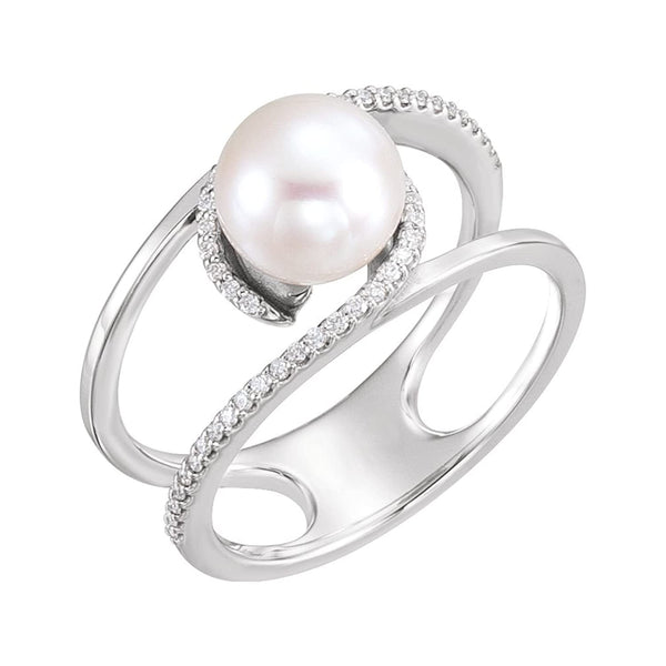 White Freshwater Cultured Pearl, Diamond Negative Space Ring, Rhodium-Plated 14k White Gold (7.5-8.00)(.125Ctw, Color G-H, Clarity I1) Size 7