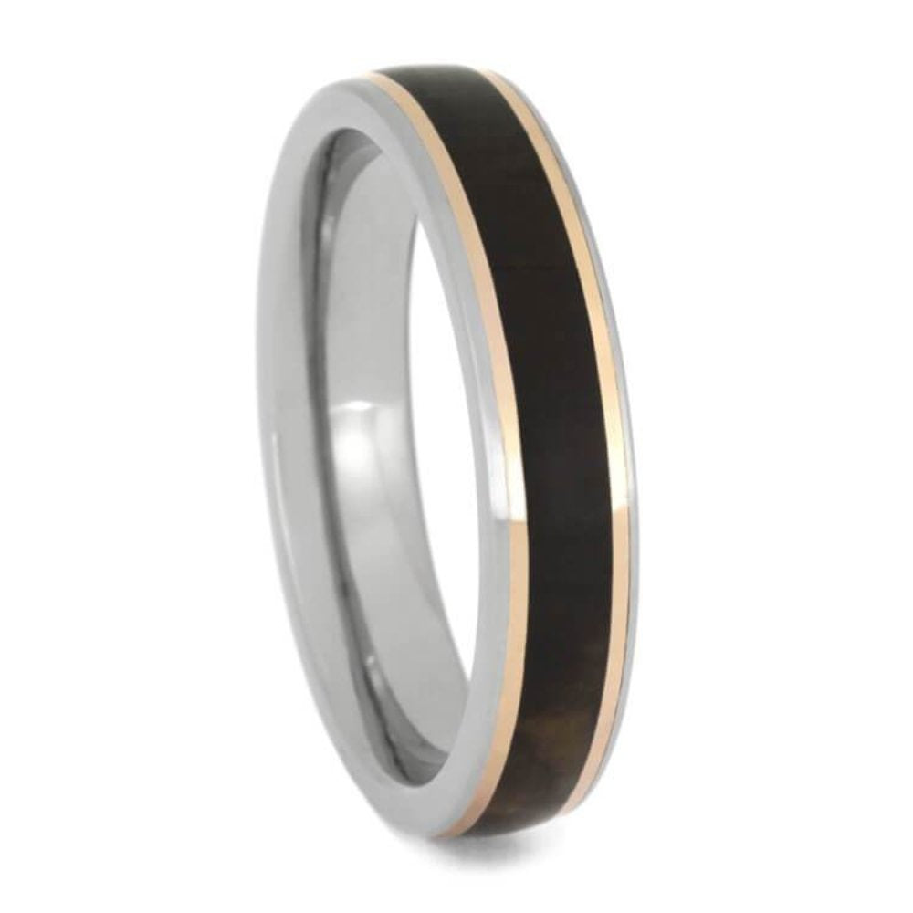 Petrified Wood, 14k Rose Gold Stripes 5mm Titanium Comfort-Fit Wedding Band