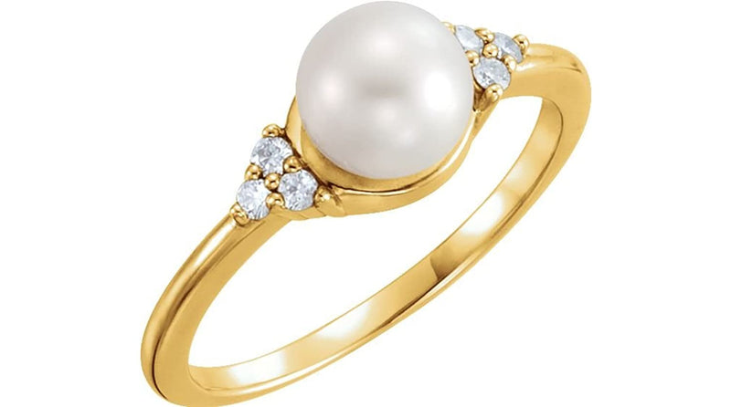 Freshwater Cultured White Pearl and Diamond Ring, 7.5 MM - 8.00 MM,1/8 CT TW, 14k Yellow Gold, Size 6
