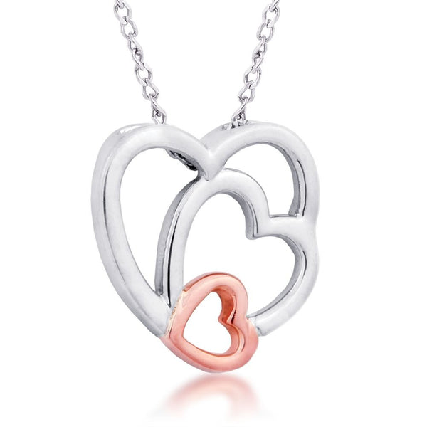 Three Heart Pendant Necklace, Rhodium Plated Sterling Silver, 10k Rose Gold, 18" to 22"
