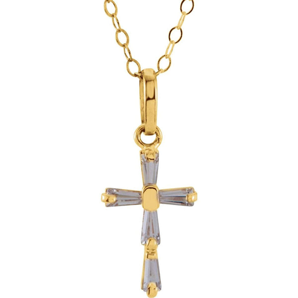 Girl's 14k Yellow Gold CZ Baguette Cross Pendant Necklace, 15"