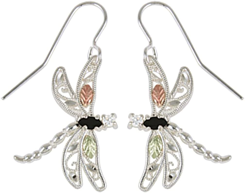 Onyx Dragonfly Earrings, Sterling Silver, 12k Green and Rose Gold Black Hills Gold Motif