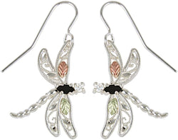 Onyx Dragonfly Earrings, Sterling Silver, 12k Green and Rose Gold Black Hills Gold Motif