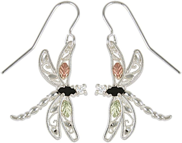 Onyx Dragonfly Earrings, Sterling Silver, 12k Green and Rose Gold Black Hills Gold Motif