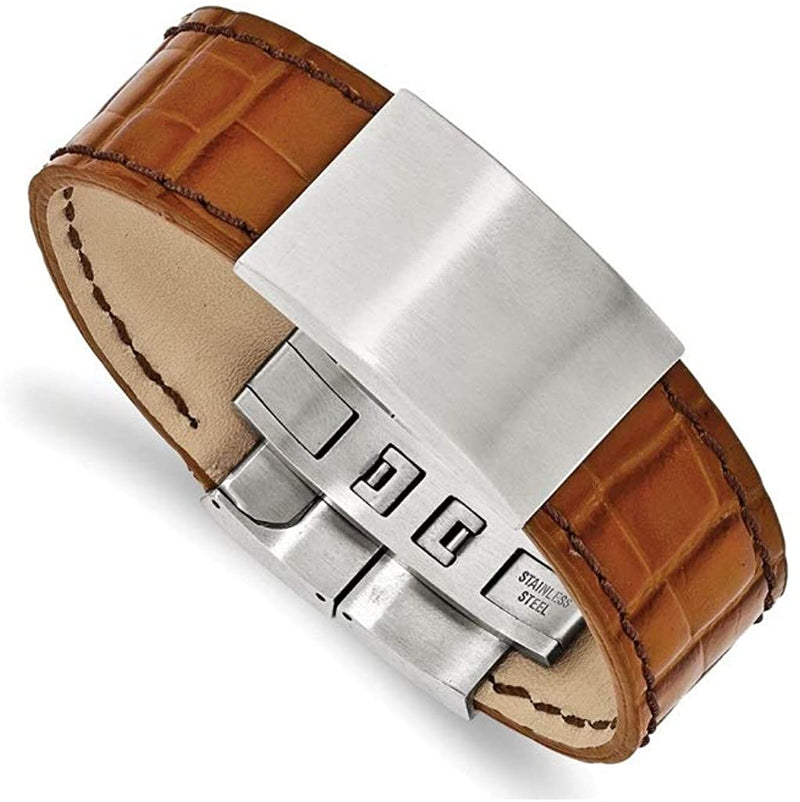 Men's Textured Light Brown Leather Satin-Brushed Stainless Steel ID Bracelet, 8 Inches