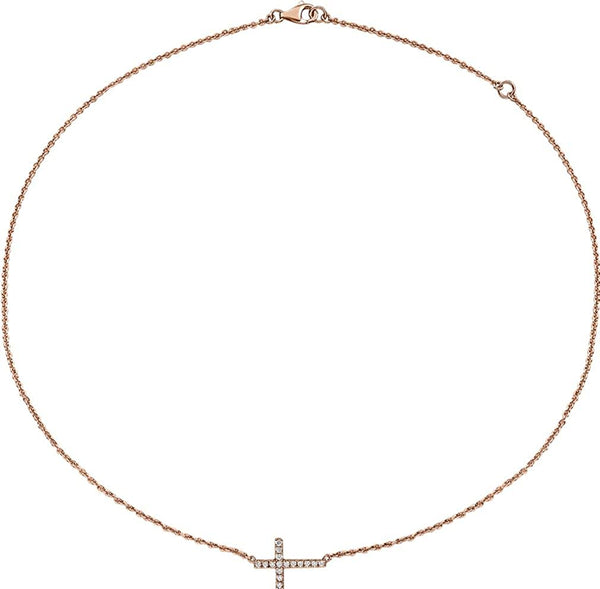 Diamond Petite Sideways Cross 14k Rose Gold Necklace, 16"-18" (.25 Ctw, H-J Color, I3 Clarity)