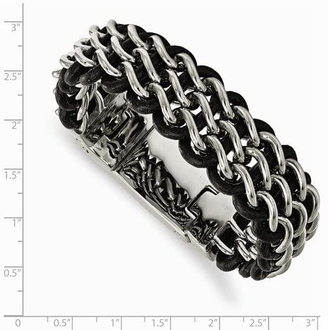 Men's Black Leather Stainless Steel Magnetic-Clasp Bracelet, 8.75 Inches
